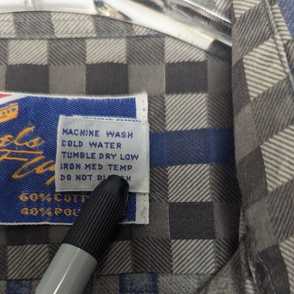 Vintage 70's Gray Blue Check Plaid Long Sleeve Button Up Shirt Front Pocket L - Picture 8 of 8